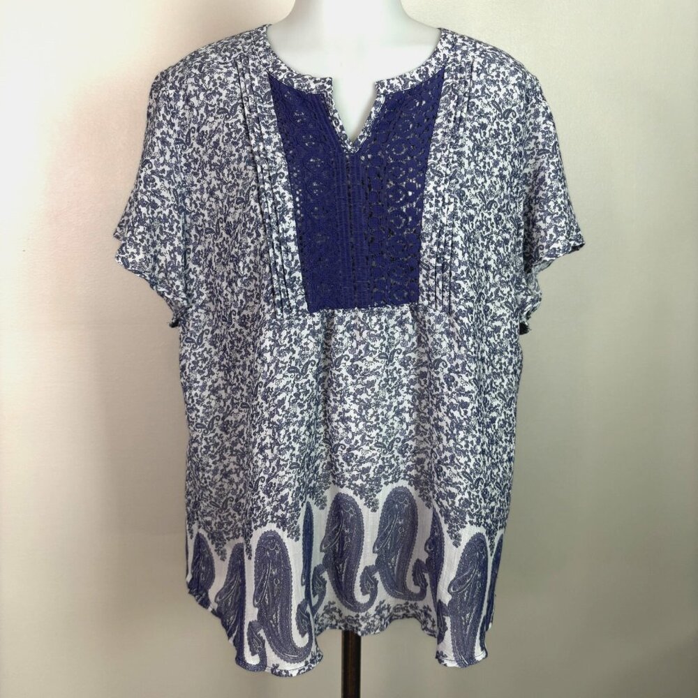 Como Vintage Top Large Purple White Paisley Floral Short Sleeve‎ Blouse Women's